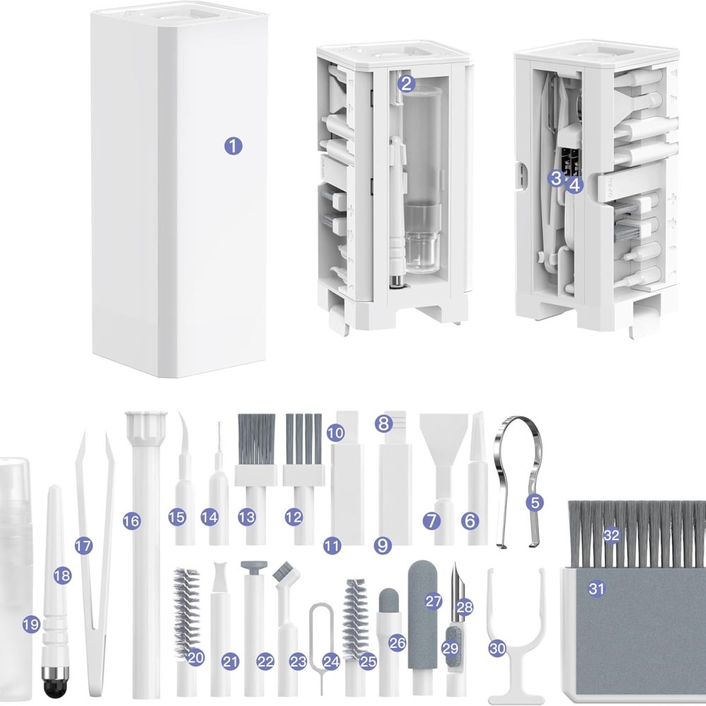 32-in-1 Multi-Functional Cleaning Kit for Electronics inlcuding Headphones,Mobile Phones,Computer,Monitor,Lens and etc, Compact and Portable Design, White